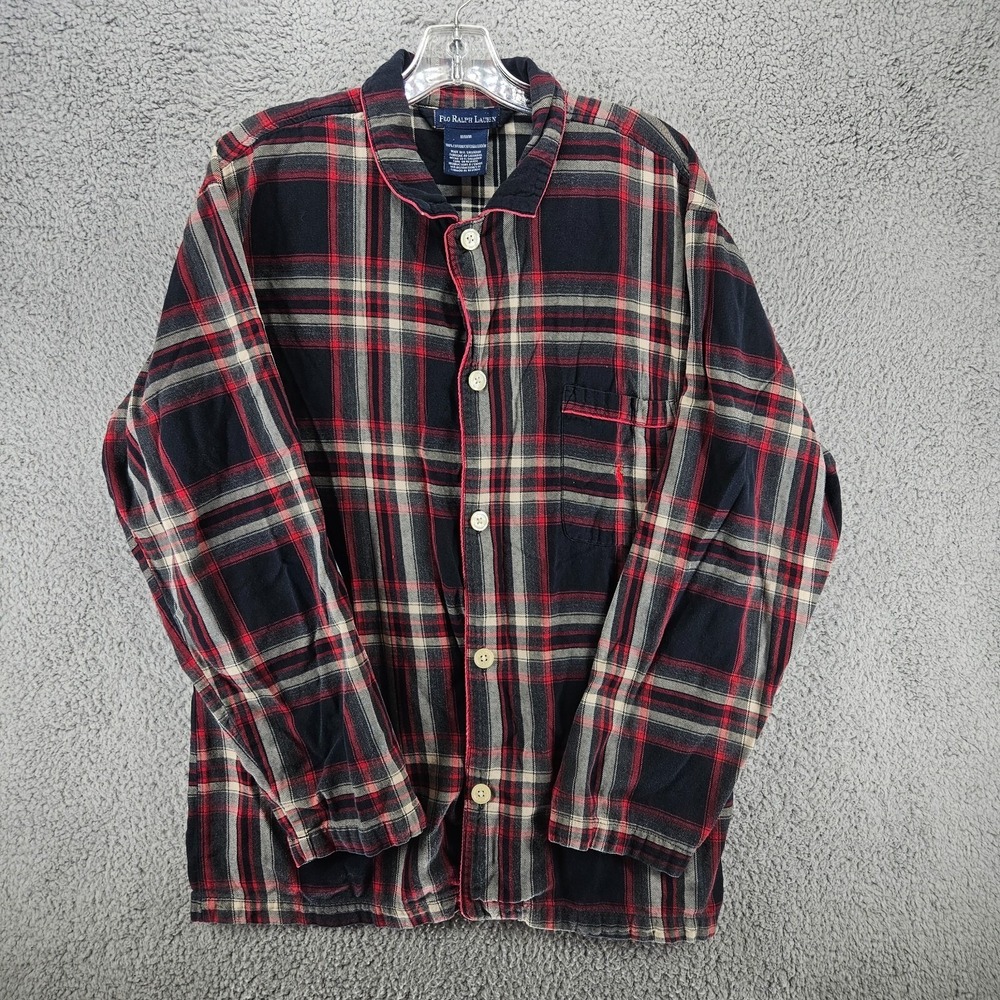Polo Ralph Lauren Mens Medium Plaid Flannel Sleep Shirt Navy Red Cotton Pajama
